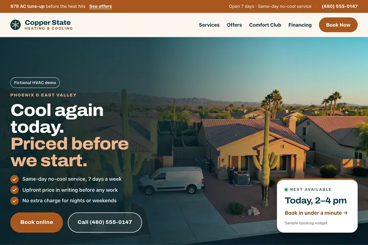 Screenshot of the Copper State Comfort demo homepage