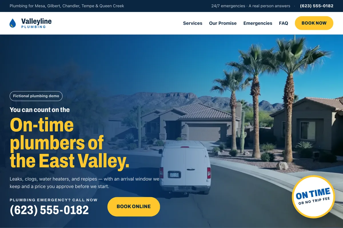 Desktop screenshot of Valleyline Plumbing, a fictional plumbing demo site built by Iron Canyon Co