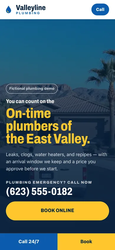 Phone screenshot of the same Valleyline Plumbing demo