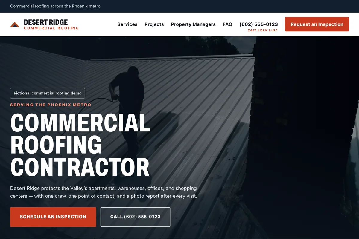 Desktop screenshot of Desert Ridge Roofing, a fictional commercial roofing demo site built by Iron Canyon Co