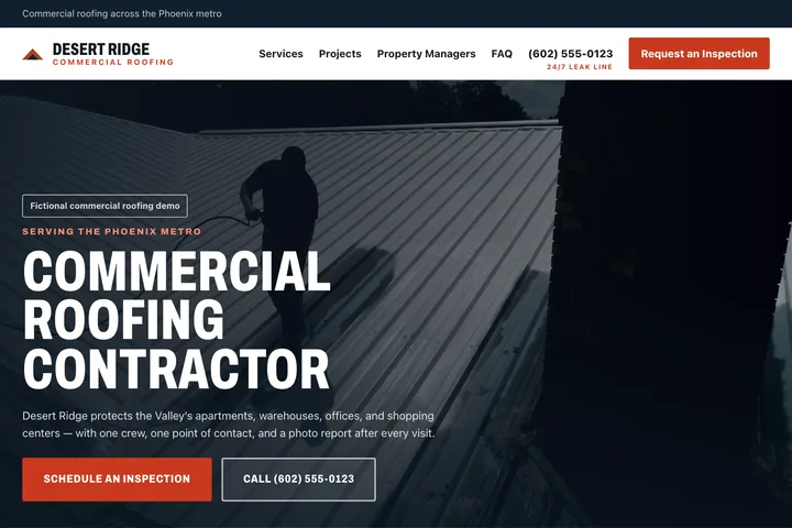 Screenshot of the Desert Ridge Roofing demo homepage