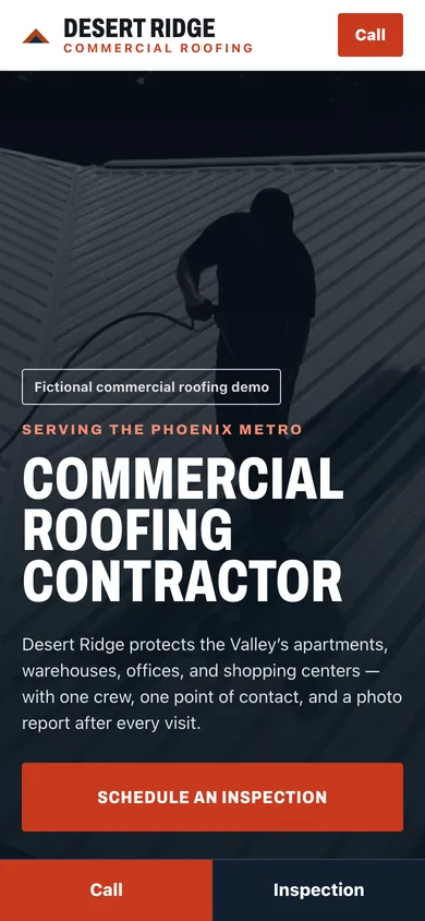 Phone screenshot of the same Desert Ridge Roofing demo