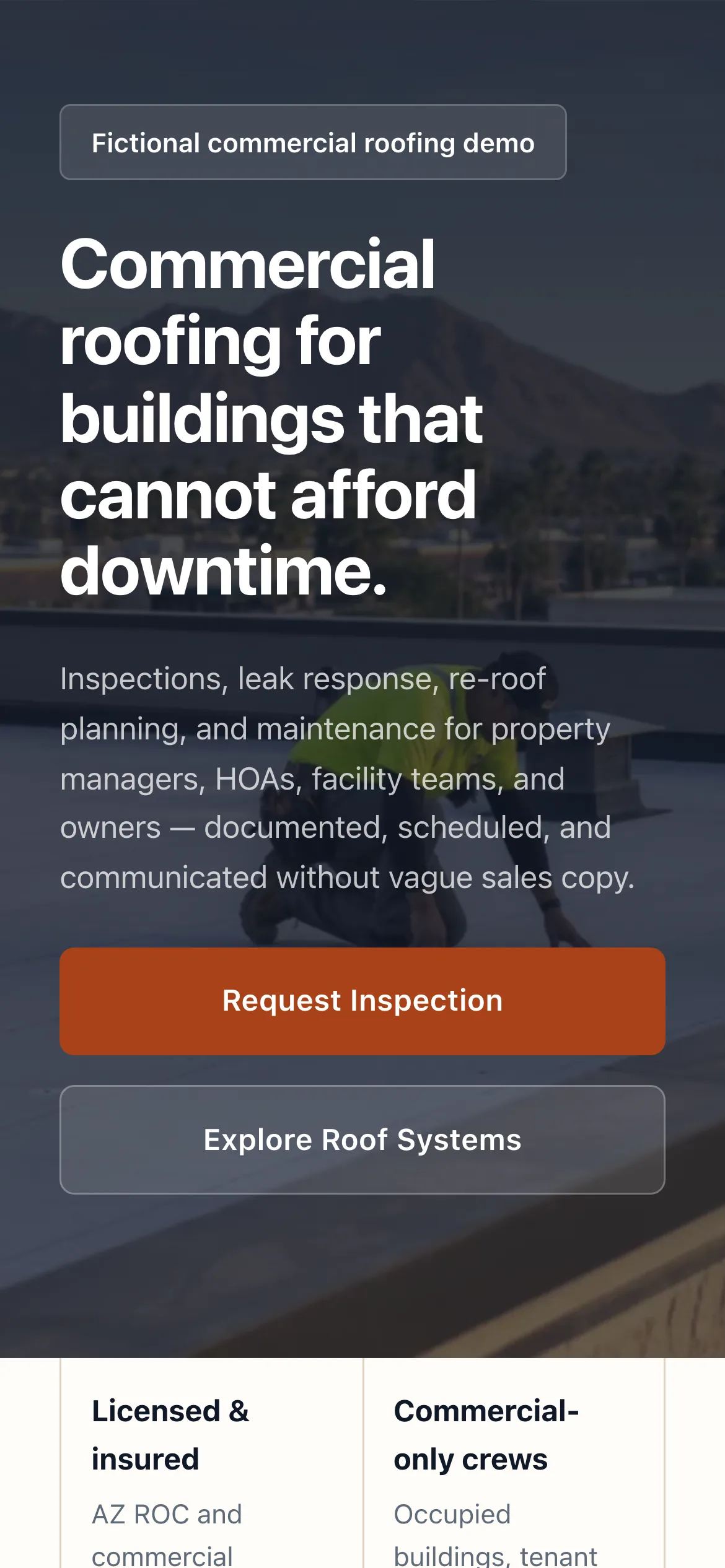 Iron Canyon sample roofing website shown on a phone, with a clear call-to-action bar