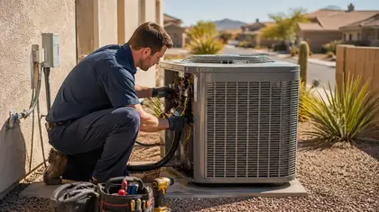 HVAC technician servicing an outdoor AC condenser