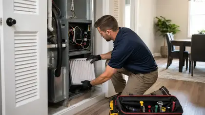 HVAC technician inspecting an indoor air handler