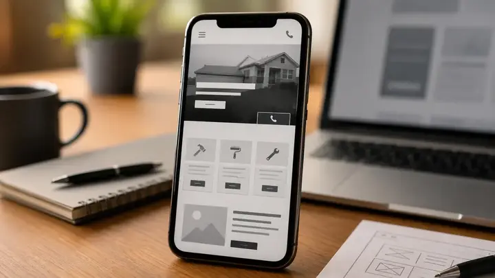 Abstract mobile contractor website layout on a phone