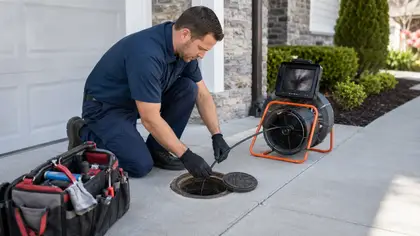 Plumber using a drain inspection camera near an exterior cleanout